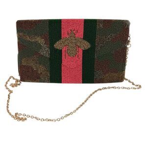 Tiana Beaded Bee Purse Or Clutch Red Green Stripe Camo Gold Chain Snap Closure